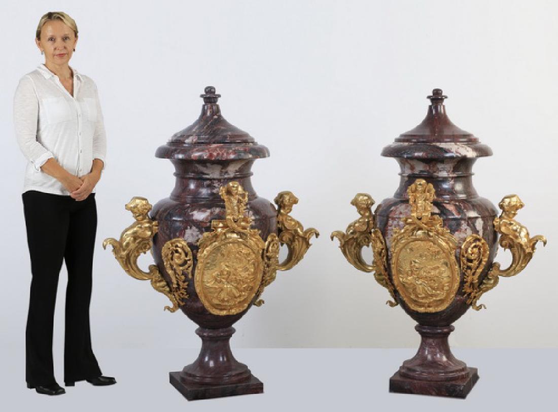(2) Monumental bronze mounted marble urns, 55"h (1 of 5)