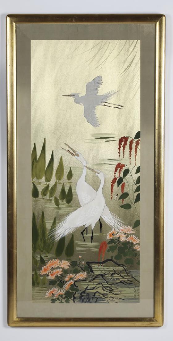 Asian inspired painting of egrets, signed (1 of 4)