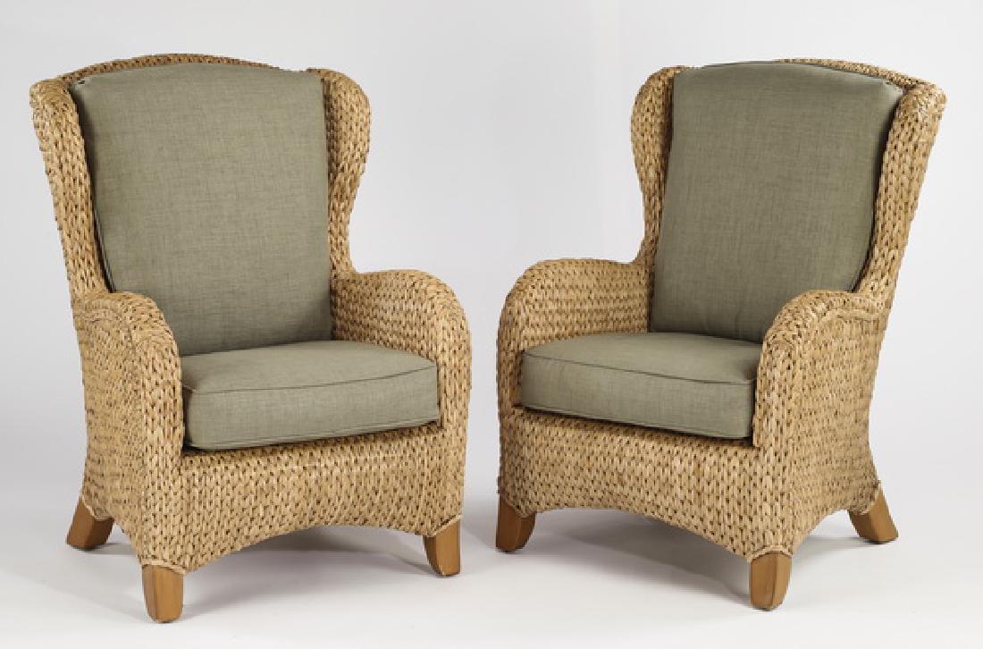 (2) Woven rush wingback chairs w/ loose cushions (1 of 2)
