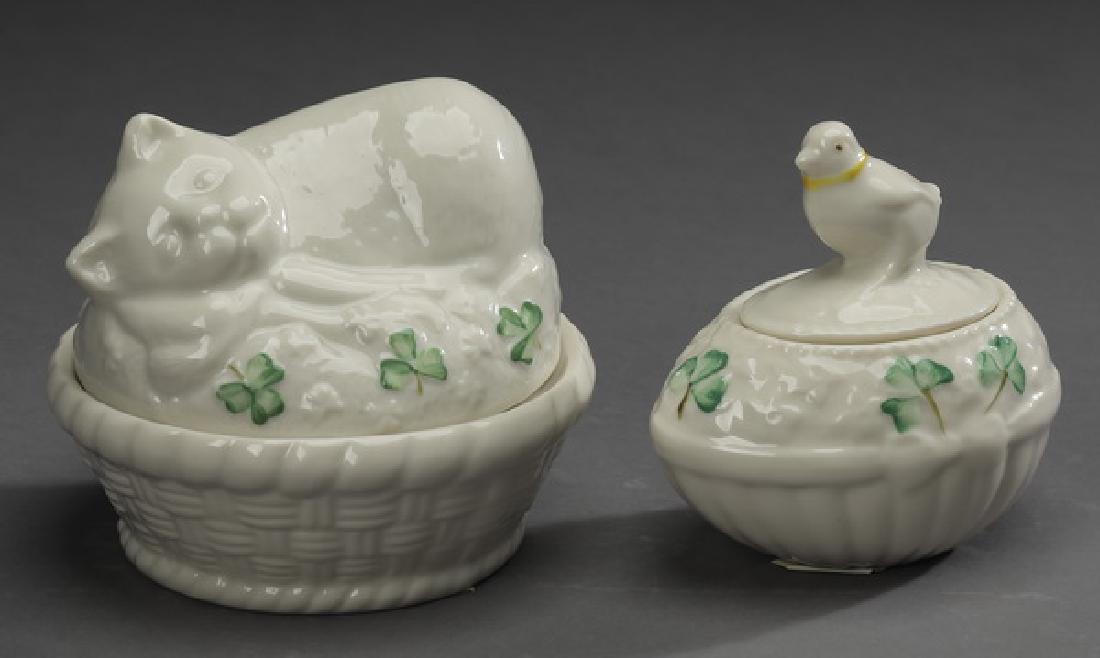 2 Pc Belleek porcelain cat & chick lidded boxes (1 of 3)