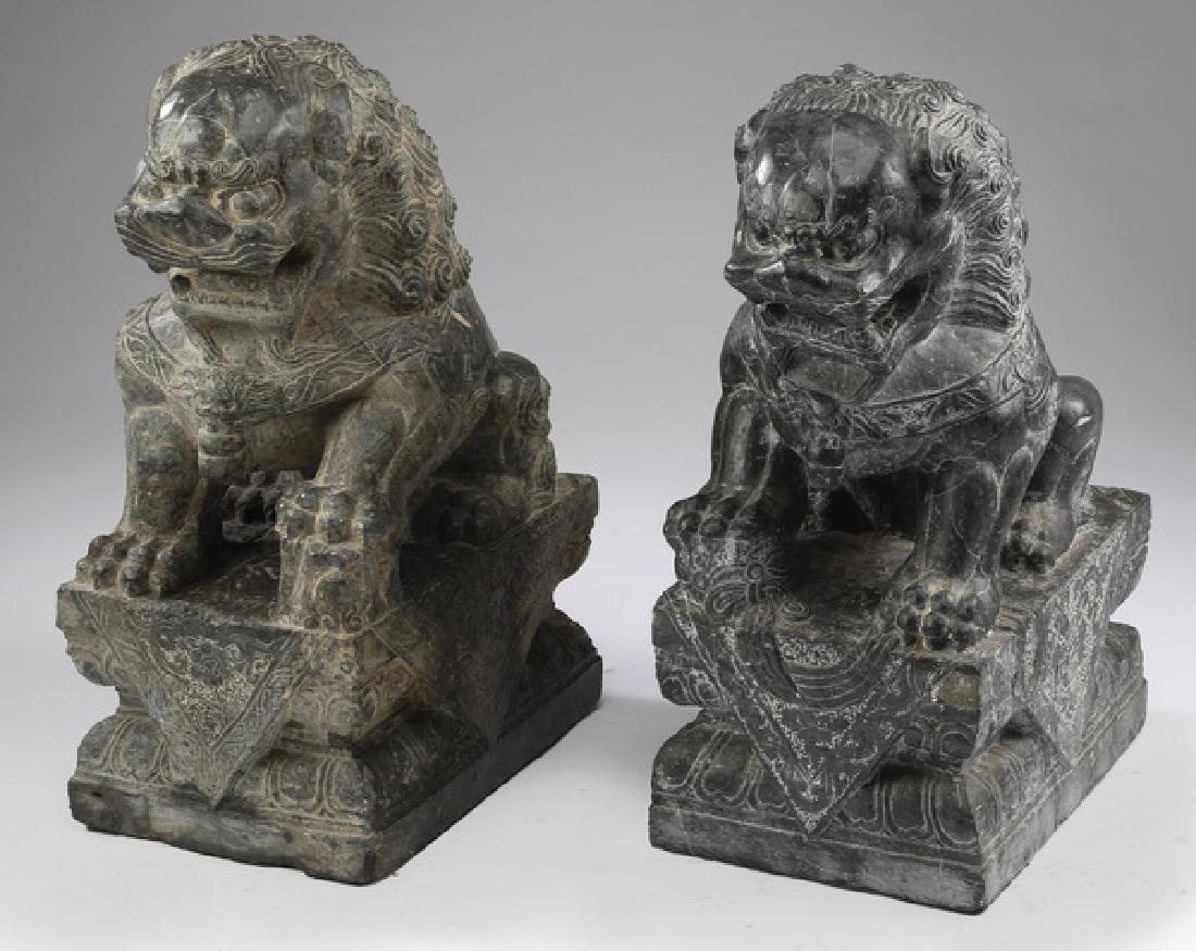 (2) Chinese carved marble Fu lions, 21"h (1 of 4)
