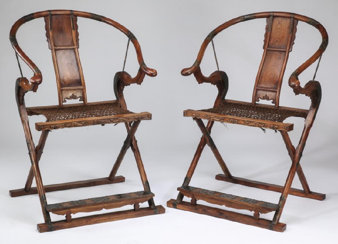 (2) Chinese carved folding chairs w/ woven seats 42"h (1 of 10)