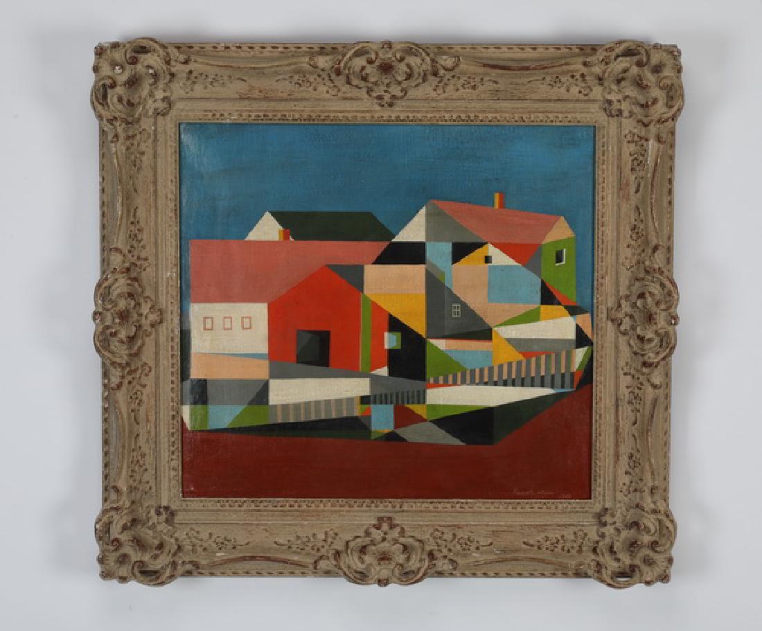 Kenneth Stubbs (American) signed O/c, dated 1960: Kenneth Stubbs (American, 1907-1967), oil on canvas depicting colorful geometric renderings of houses on a maroon ground against a blue sky, artist signed and dated 'Kenneth Stubbs 1960' at lower righ