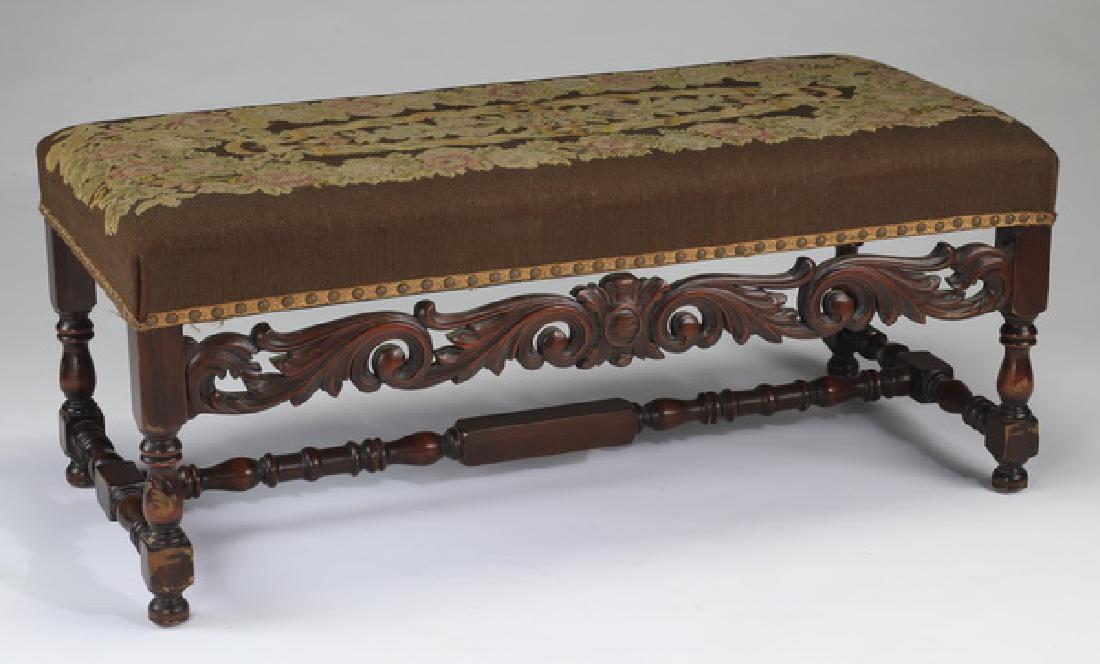 19th c. carved bench upholstered in needlepoint (1 of 2)