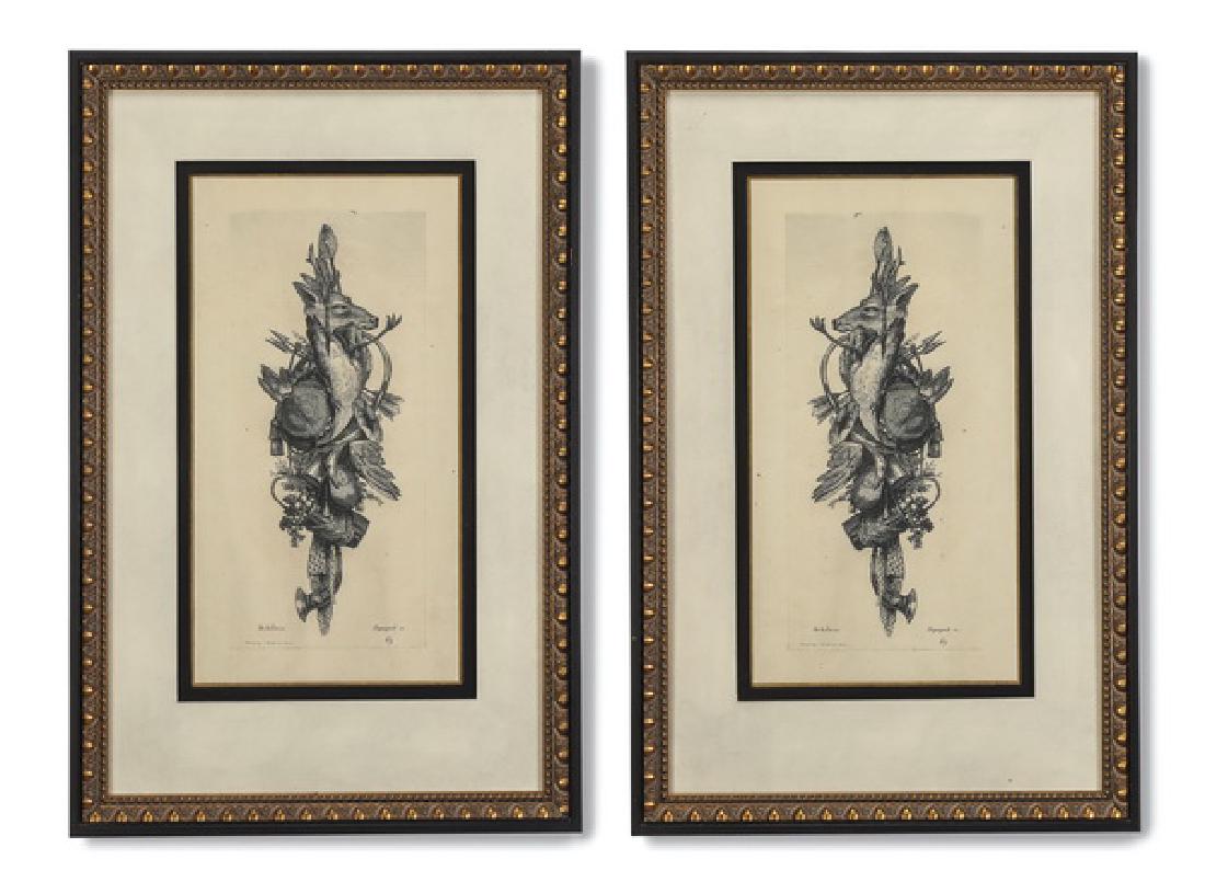(2) 19th c. French engravings of hunting trophies: After Jean Charles Delafosse (French, 1731-1792), pair of late 19th century French engravings titled 'Pequegnot no. 69,' depicting a stag's head trophy with hunting horns, sporting birds, fruit basket