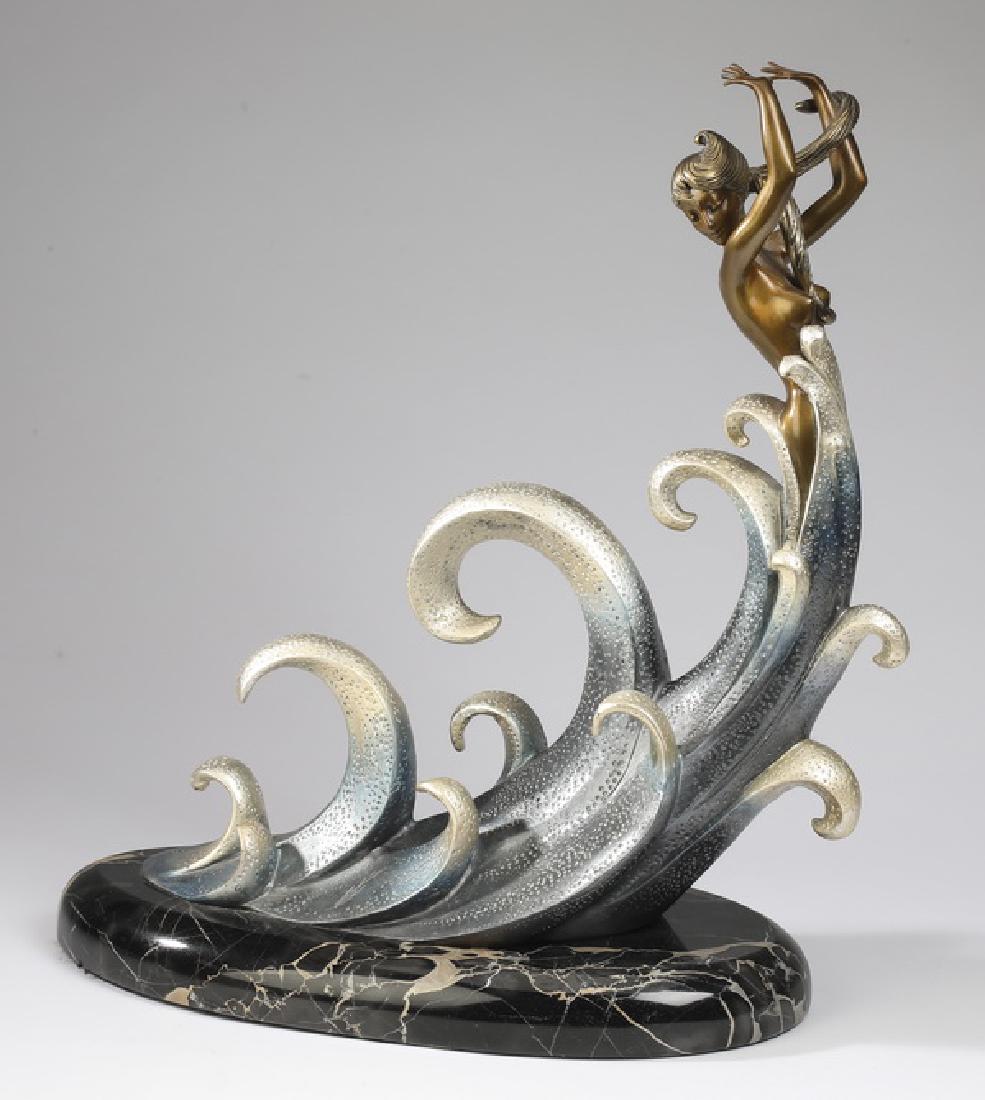 Limited edition bronze 'The Wave' after Erte: 'The Wave' limited edition polychrome bronze after Romain de Tirtoff, 'Erte' (Russian/French 1892-1990), depicting a nude water nymph emerging from a stylized wave, the whole resting on an oval black