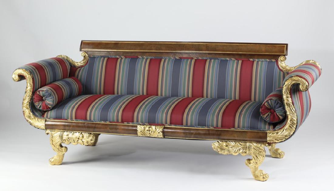 Empire style burl & gilt sofa with striped upholstery (1 of 2)