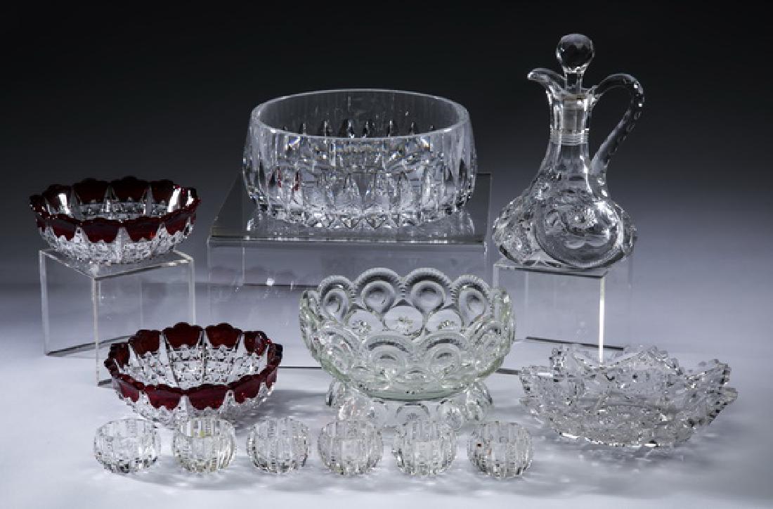 12-Pcs crystal & cut glass table accessories: Crystal and glass table accessories, comprising: (1) crystal serving bowl with a cut diamond motif border, 3"h x 6.5"dia; (1) American brillant cut crystal scalloped bon-bon dish with a cut star motif