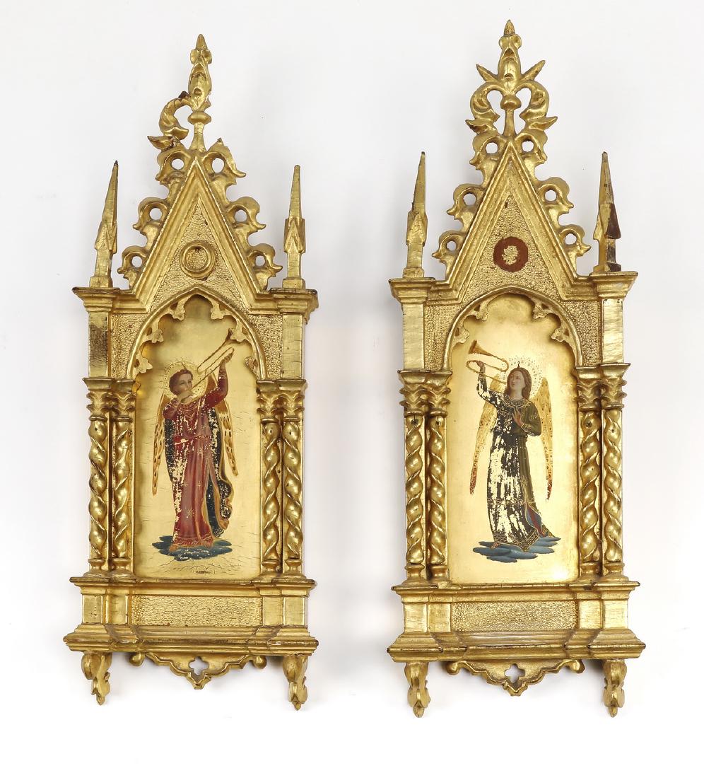 (2) After Fra. Angelico O/p of trumpeting archangels: After Fra Angelico, born Guido di Pietro (Italian, c. 1395-1455), pair of oil on gilded panel paintings depicting trumpeting archangels, each in a carved giltwood architectural frame in the Gothic tas