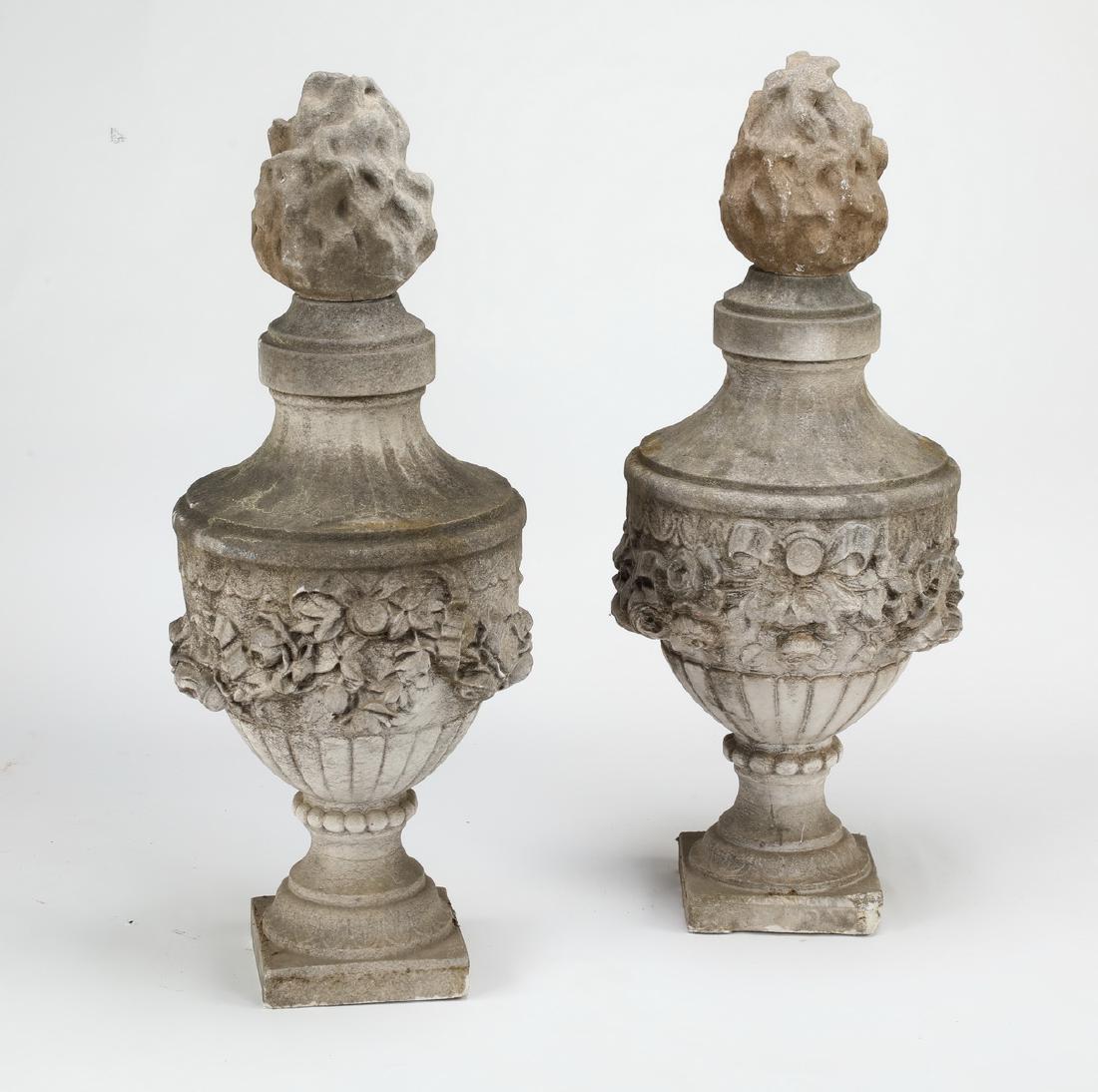 (2) Vintage French carved limestone urns, 34"h (1 of 3)