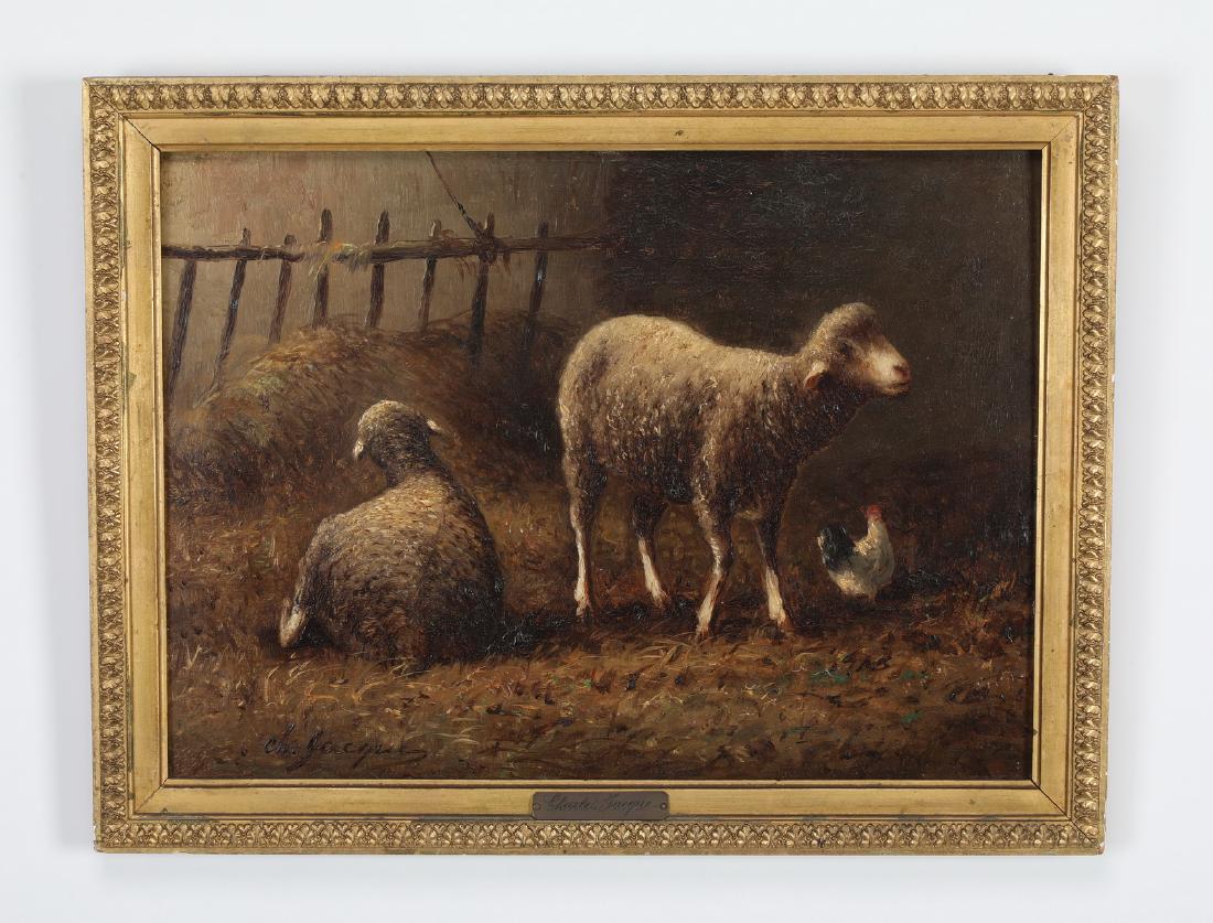 Charles Jacque signed O/board 'Two Sheep in Barn' (1 of 2)