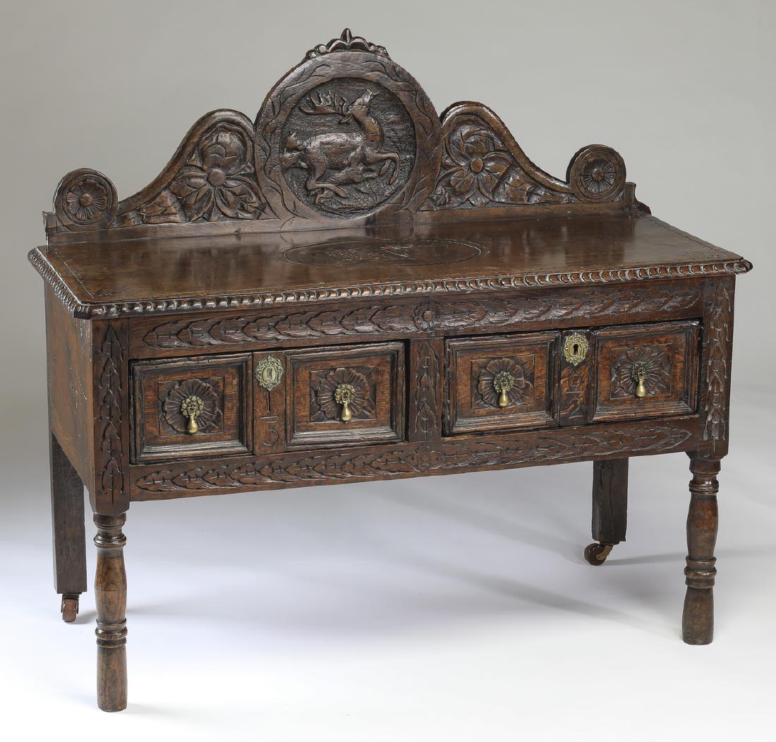 19th c. English Jacobean style carved oak chest, 43"w (1 of 5)