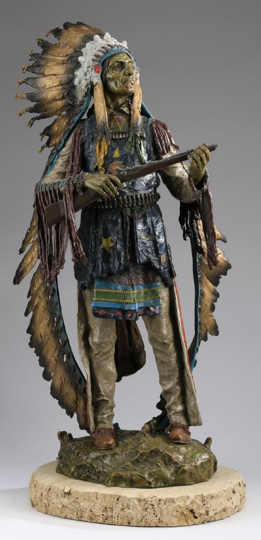 After Carl Kauba, bronze sculpture, titled 'War': After Carl Kauba (Austrian/American, 1865-1922), polychrome decorated bronze figural sculpture titled 'War,' depicting a Native American Indian wearing a full war bonnet and holding a rifle, the whole