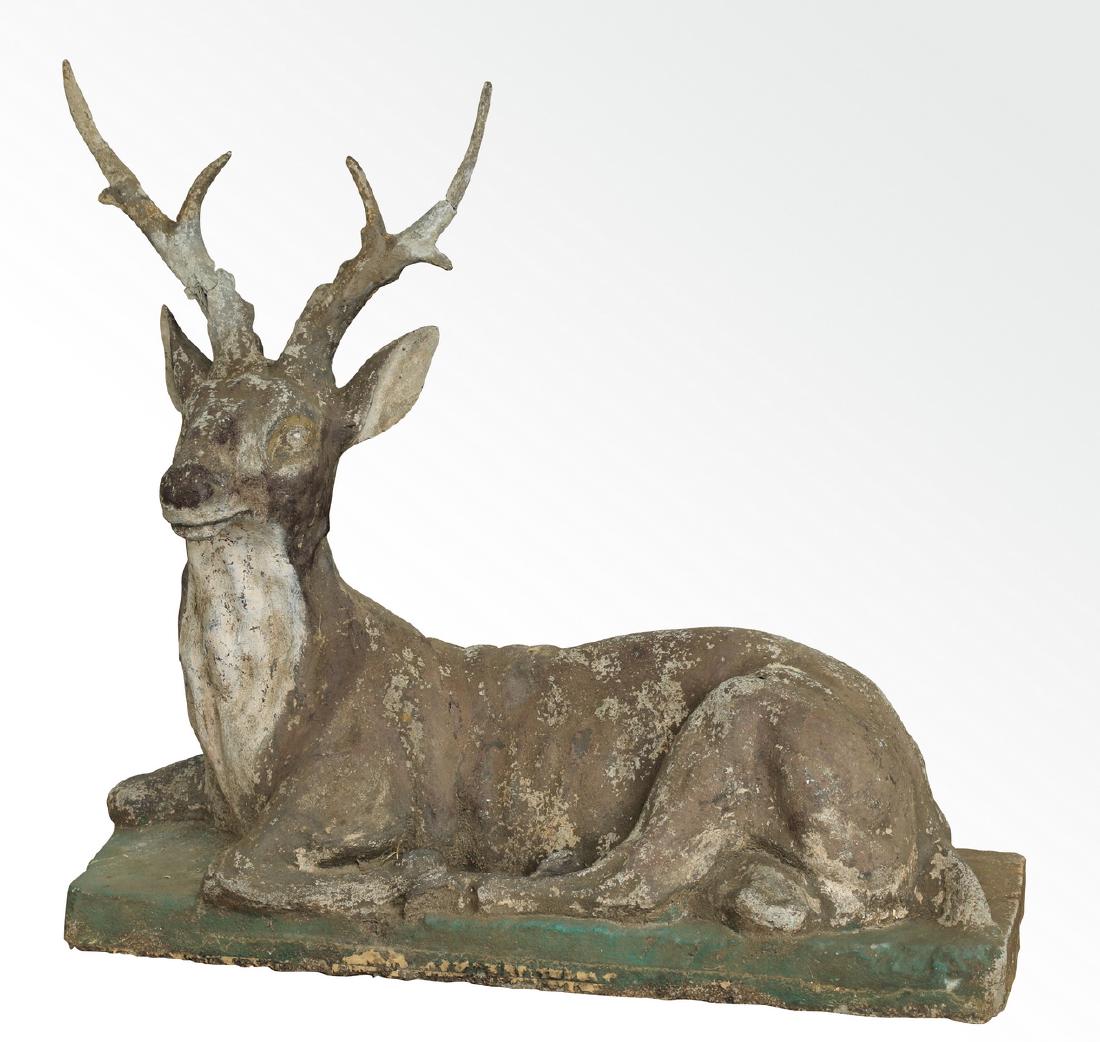 Early 20th c French cast stone recumbant buck (1 of 3)