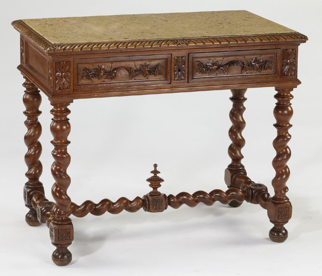 19th c French carved walnut table w/ inset marble top (1 of 3)