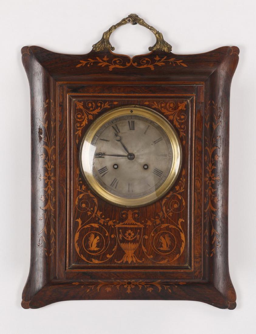 19th c. Continental marquetry inlaid wall clock, 20"h (1 of 2)