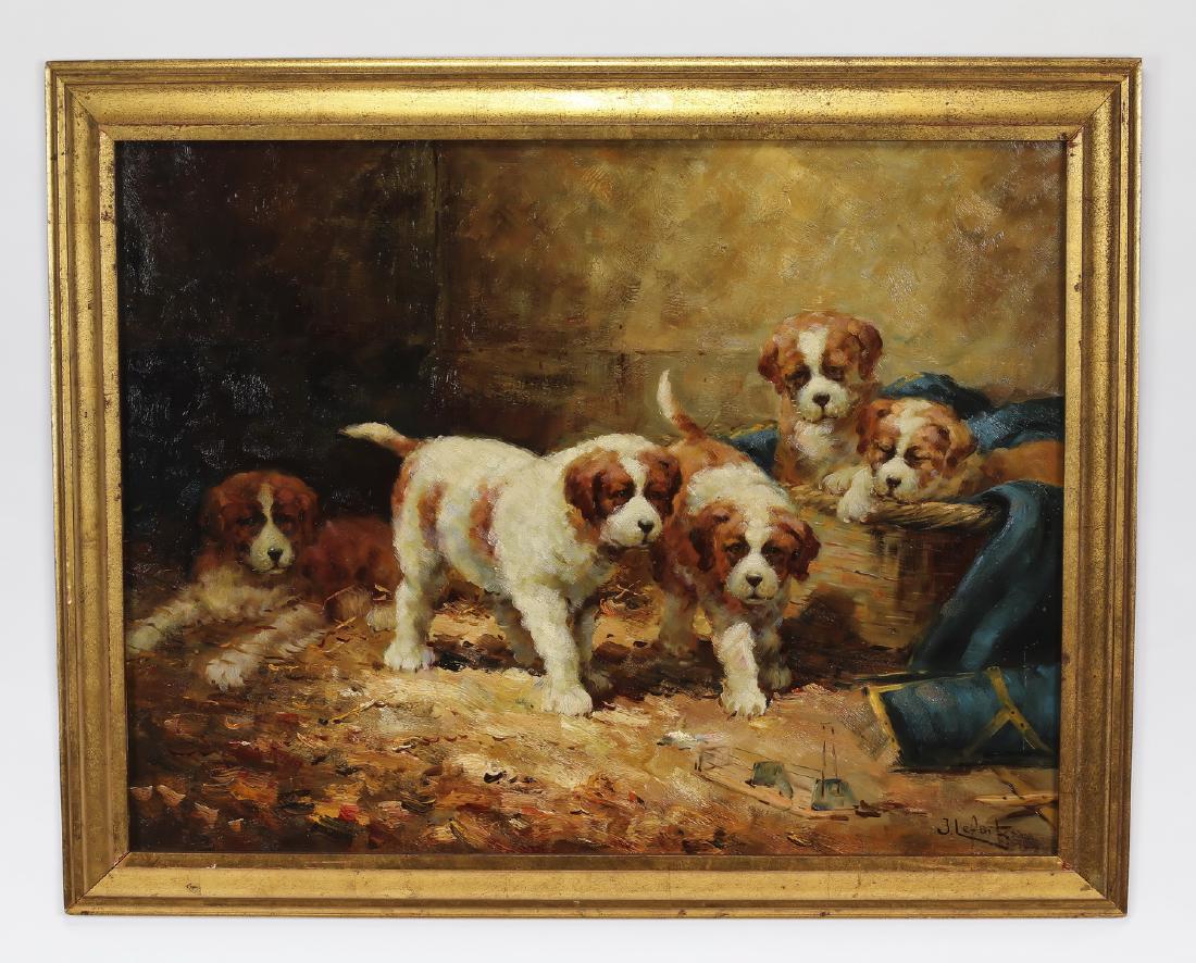 Jean Lefort signed O/c of St. Bernard puppies at play (1 of 4)