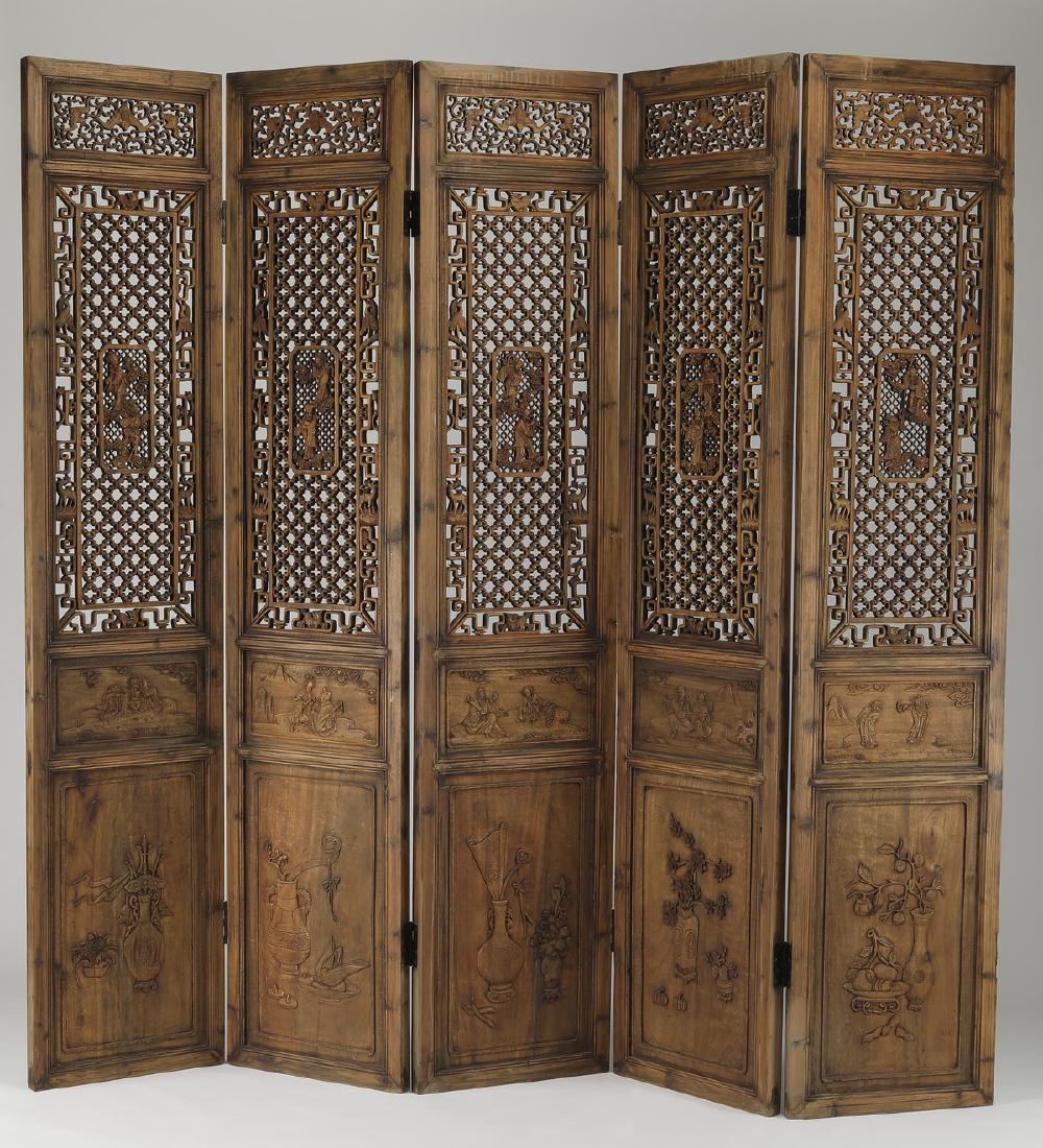Chinese 5-panel carved screen w/Immortals, 85"h (1 of 10)