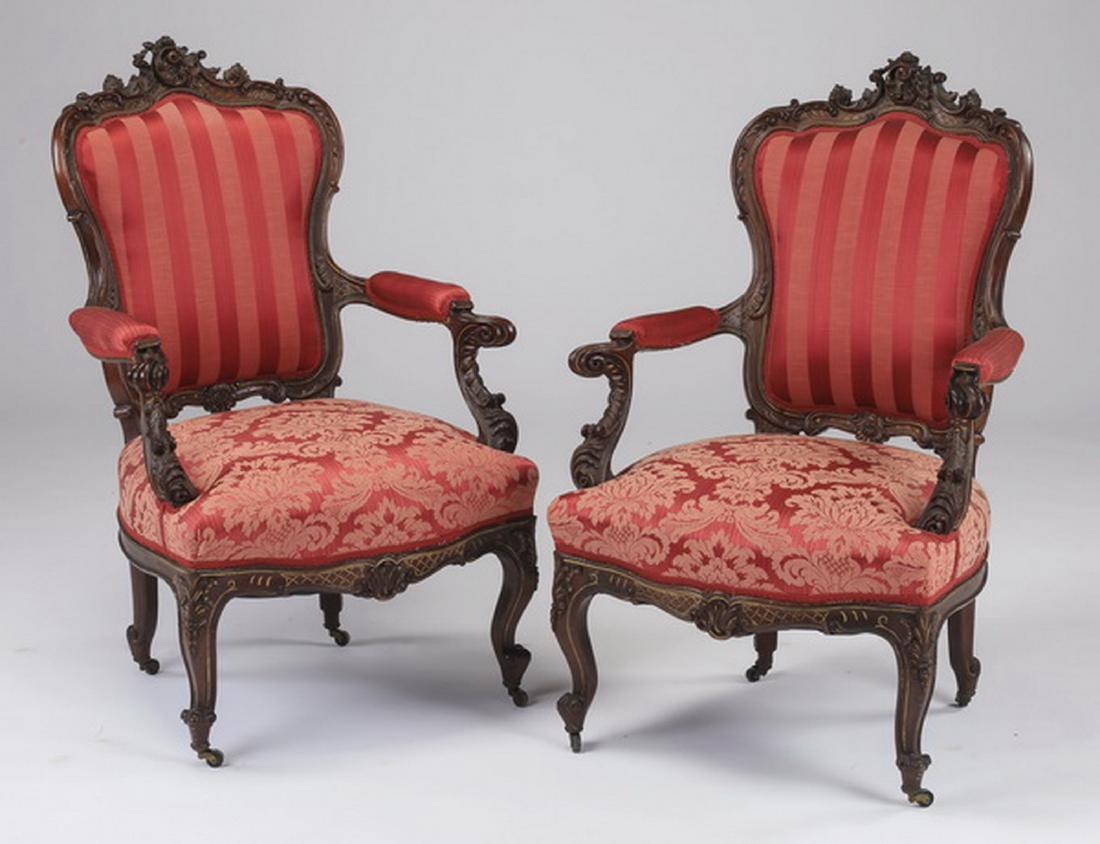 (2) 19th c. French carved walnut armchairs in damask (1 of 4)