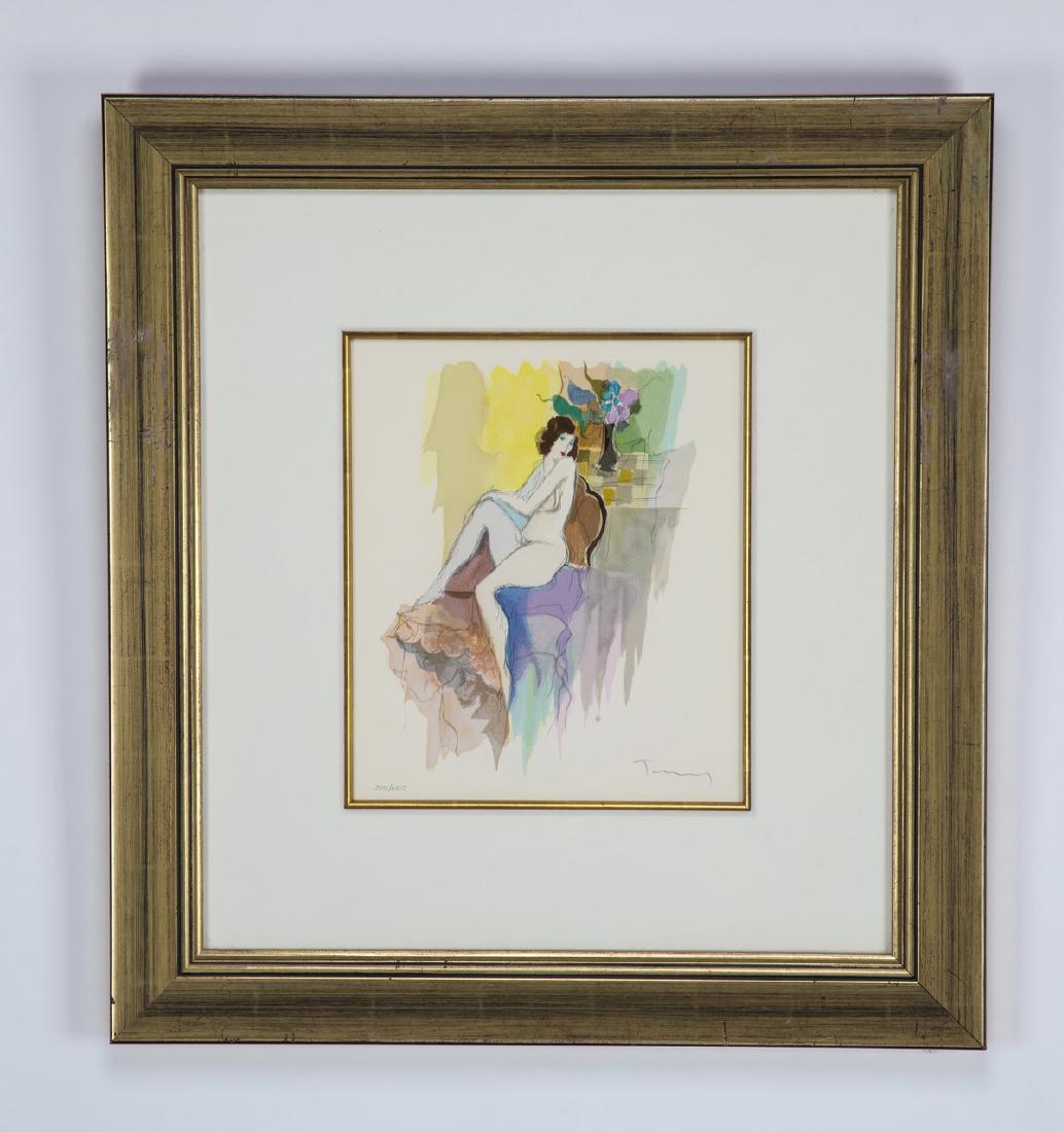 Itzchak Tarkay signed litho titled 'Bedroom Suite': Itzchak Tarkay (Israeli, 1935-2012), contemporary lithograph in colors on wove paper titled 'Bedroom Suite,' depicting a relaxing nude beside a vase of flowers, artist signed 'Tarkay' in pencil at low