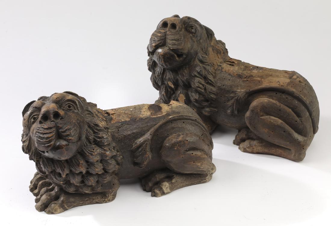(2) 19th c. Continental carved recumbent lions (1 of 2)