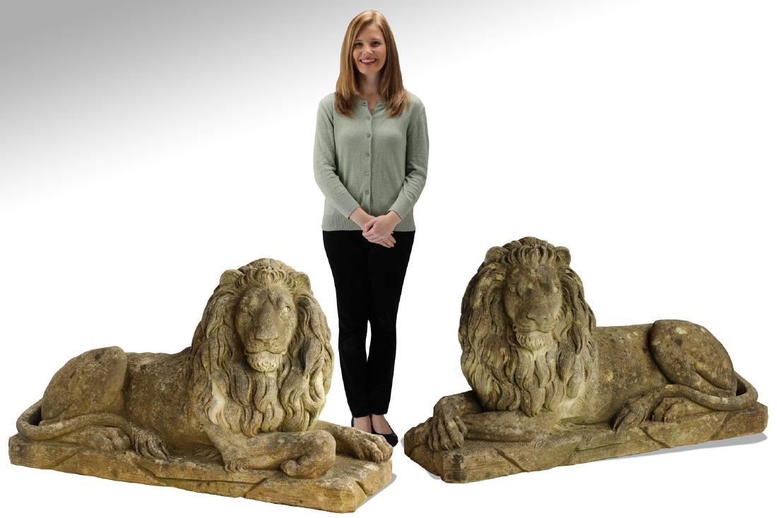 (2) Haddonstone cast stone recumbent lions, 50"l (1 of 10)