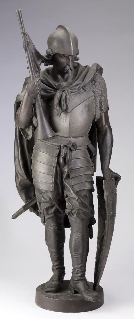 Sculpture of knight in Renaissance armor w/trumpet: Early 20th century spelter sculpture of a knight in Early Renaissance armor, the helmeted figure wearing plate armor with a cape fastened around his shoulders, tall boots, and brandishing a war trumpe