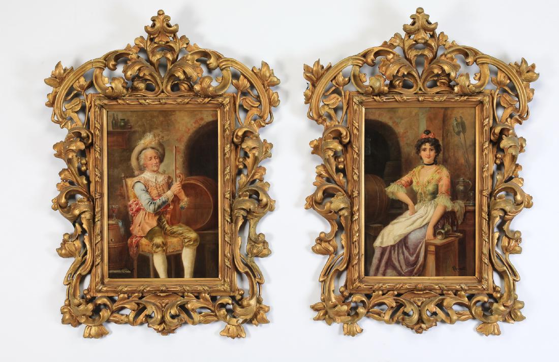 (2) Continental O/c portraits of 18th century figures: Pair of 19th century Continental oil on canvas portraits of figures in 18th century dress, the first depicting a bearded cavalier in a wine cellar examining a violin, the second depicting a seated you