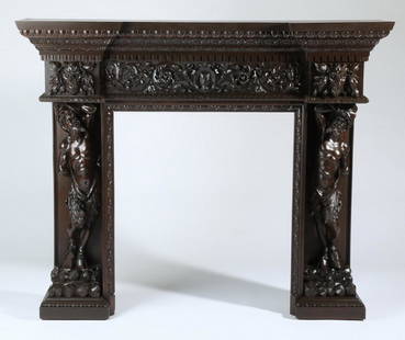 19th c. Italian figural carved mantel, after Frullini: 19th century Italian carved walnut mantel, in the manner of Luigi Frullini, (Italian, 1839-1897), the mantel shelf with an egg and dart border surmounting a relief carved frieze of scrolling foliate g