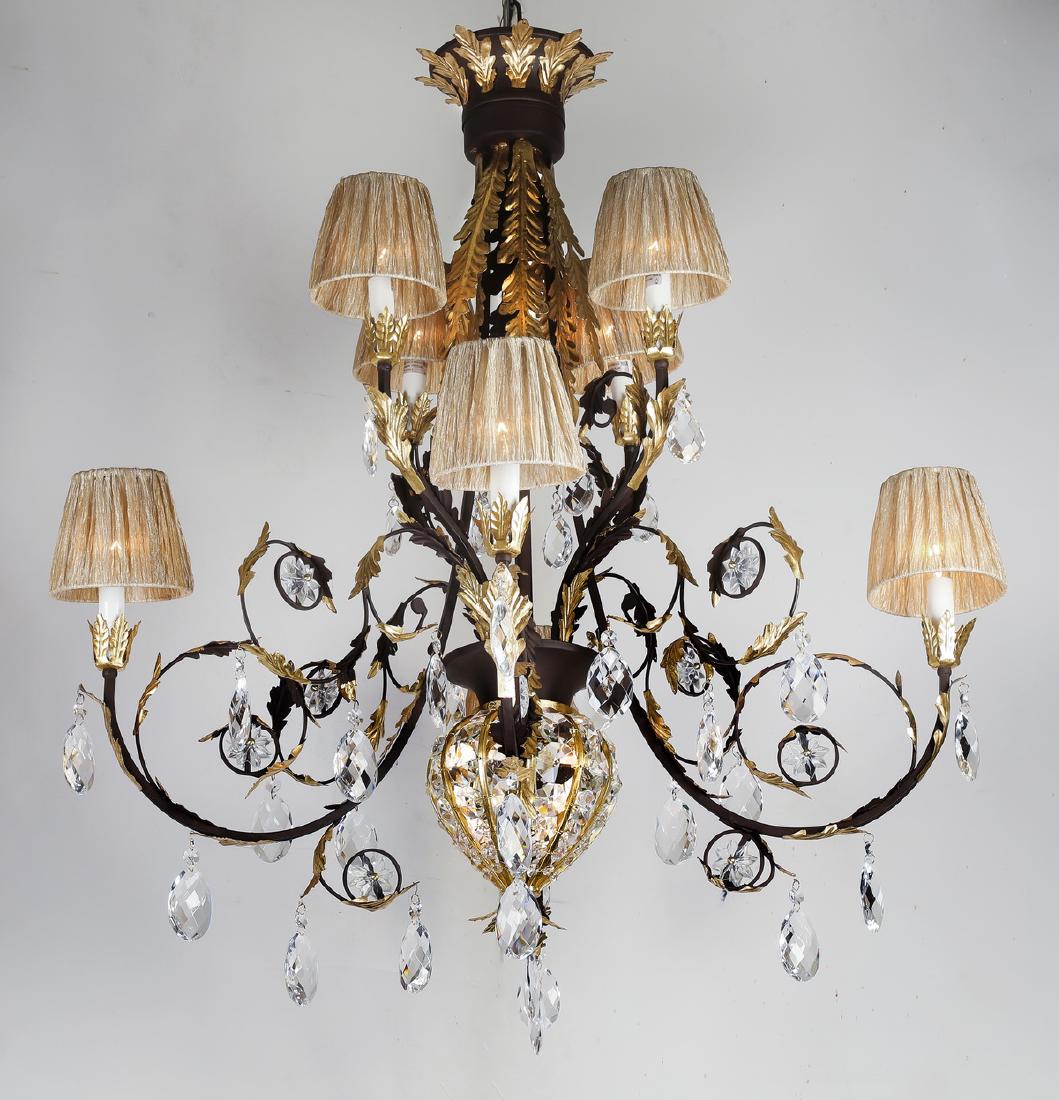 Wrought iron & crystal chandelier w/ organza shades: 9-light wrought iron and crystal chandelier, having a gilded acanthus cup, over a gilded acanthus accented standard, issuing an upper tier of four scrolling arms hung with crystal pendants and accente