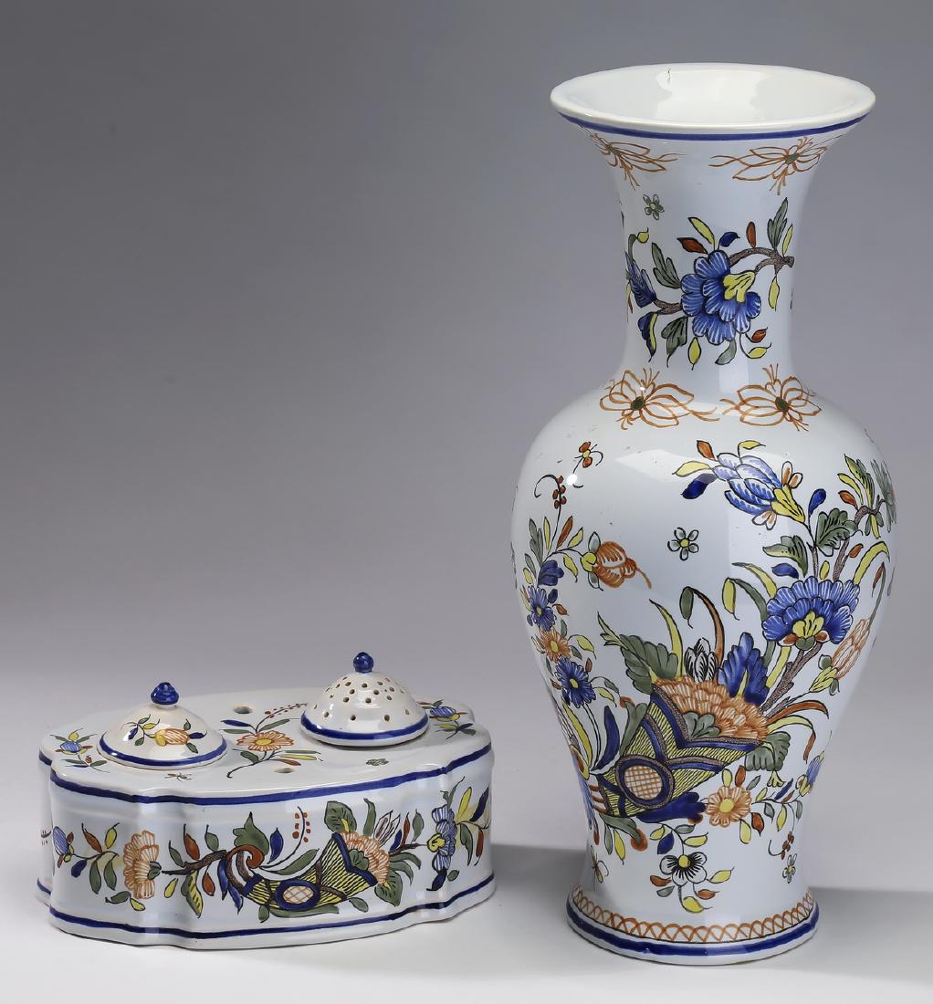 (2) French hand painted Rouen faience, 14"h (1 of 4)