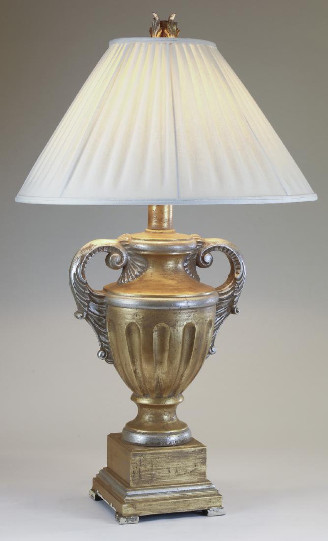 Neoclassical style gilded lamp w/ linen shade, 43"h (1 of 2)