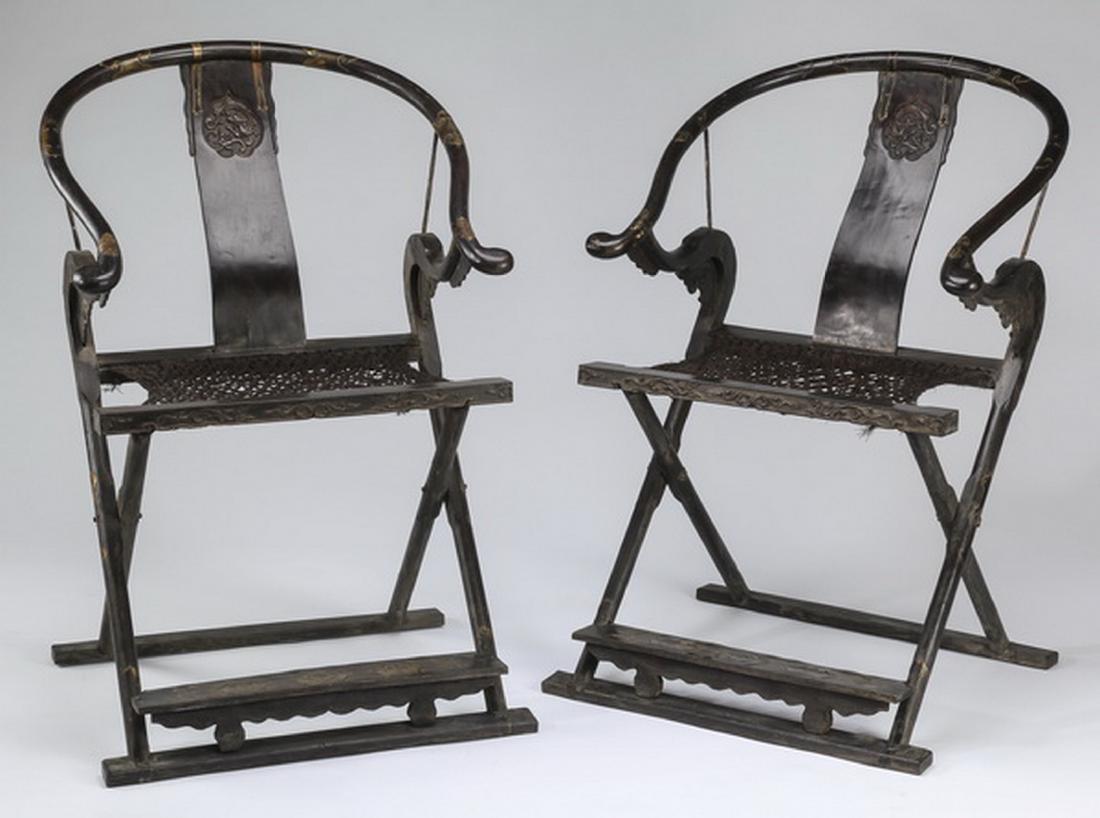 (2) Chinese carved phoenix & dragon folding chairs (1 of 9)