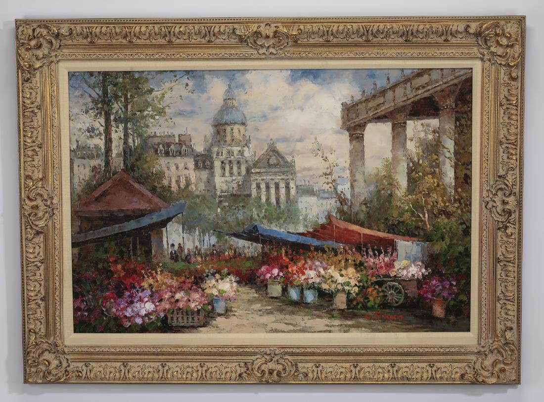 20th c. O/c of Parisian flower market, signed (1 of 4)