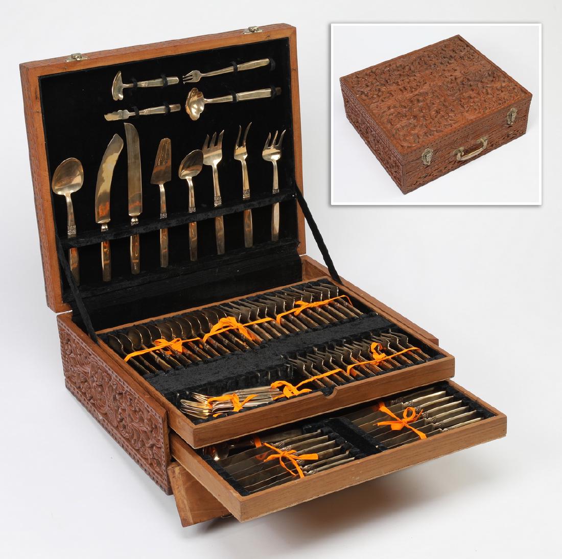 98 Pc. Thai bronze cutlery in elaborately carved case (1 of 9)