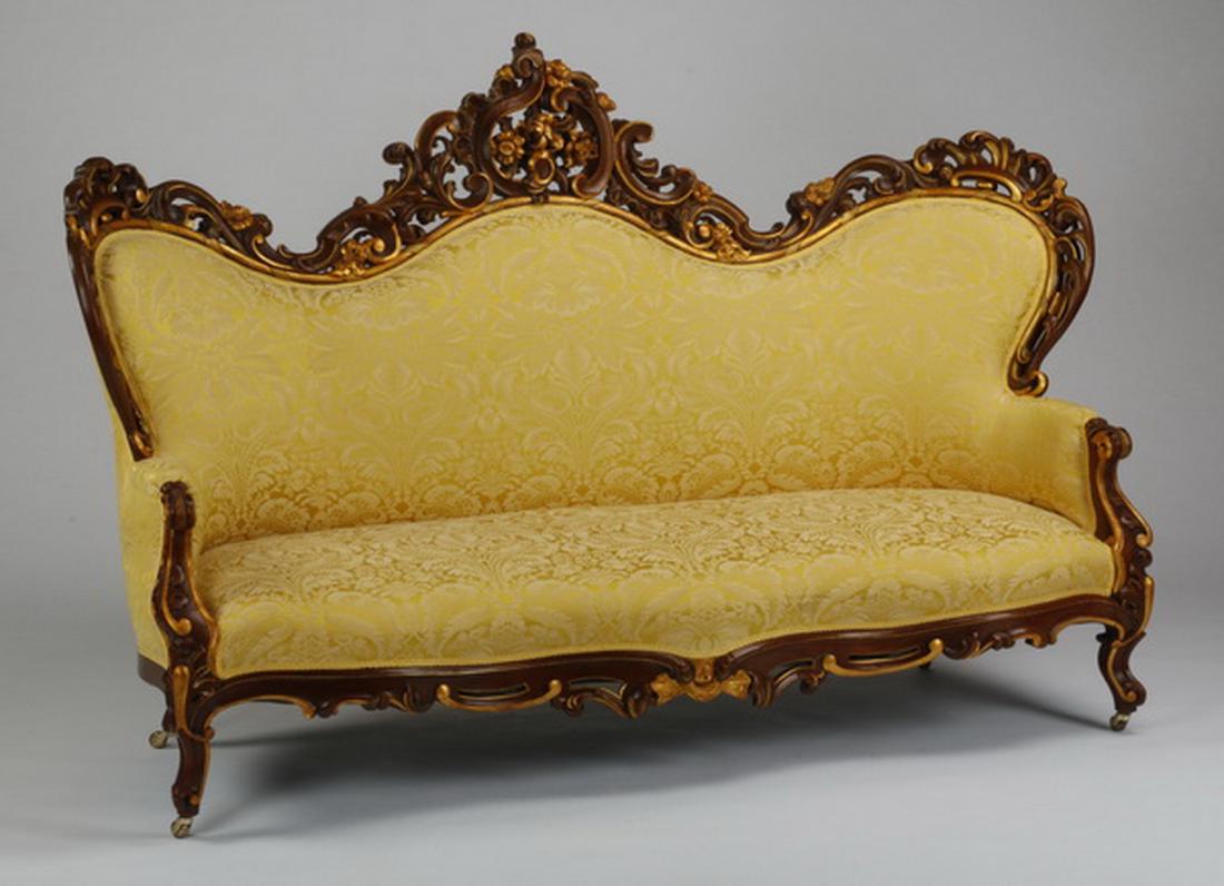 Victorian style parcel gilt mahogany sofa in damask (1 of 3)