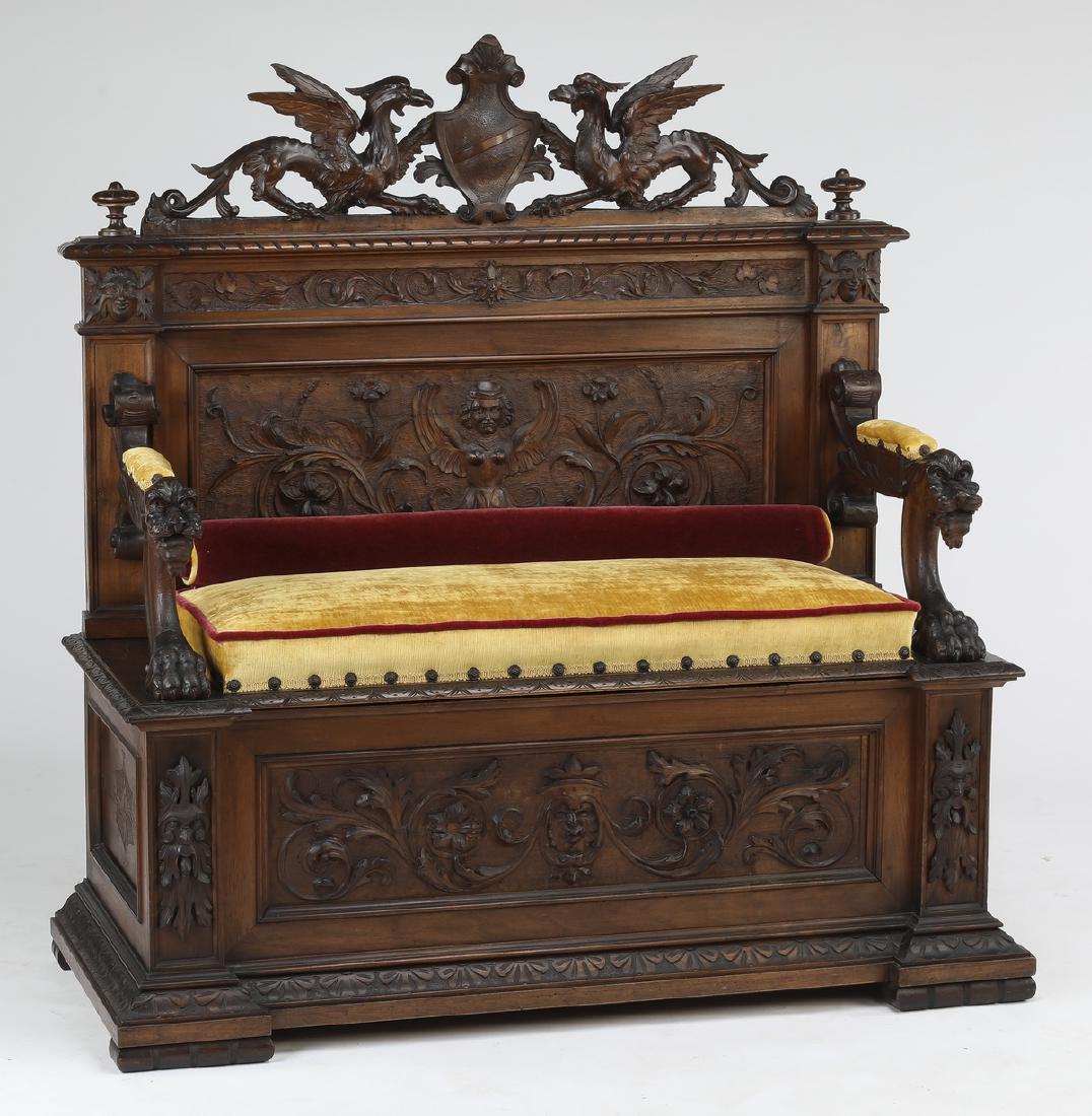 19th c Continental carved walnut hall bench (1 of 6)