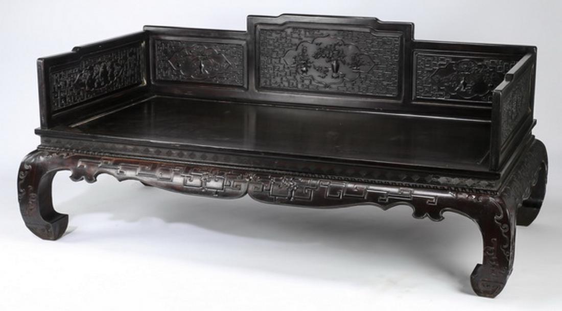 Chinese carved and ebonized daybed, 78"l (1 of 11)