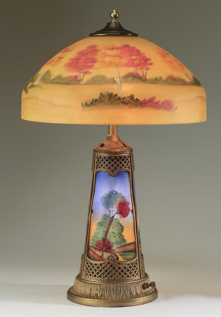 Early 20th c. reverse painted glass table lamp, 25"h (1 of 2)