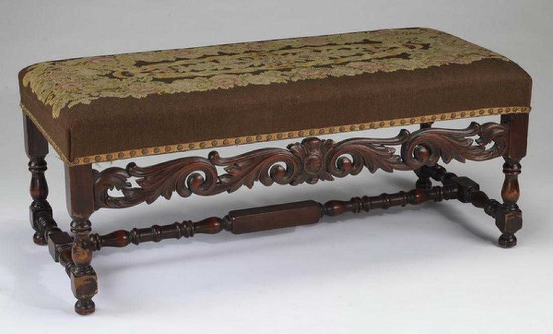 19th c. carved bench upholstered in needlepoint (1 of 2)