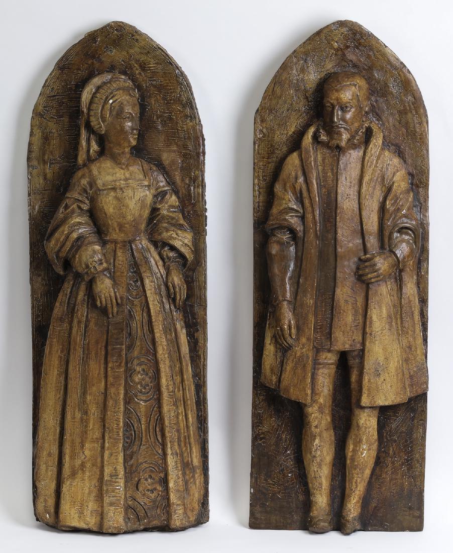 (2) 19th c. English cast plaster wall plaques, 34"h (1 of 4)