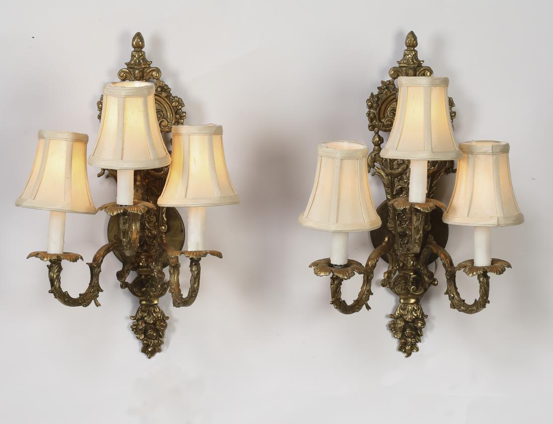 (2) Louis XVI gilt bronze sconces w/ shades, 21"h (1 of 4)