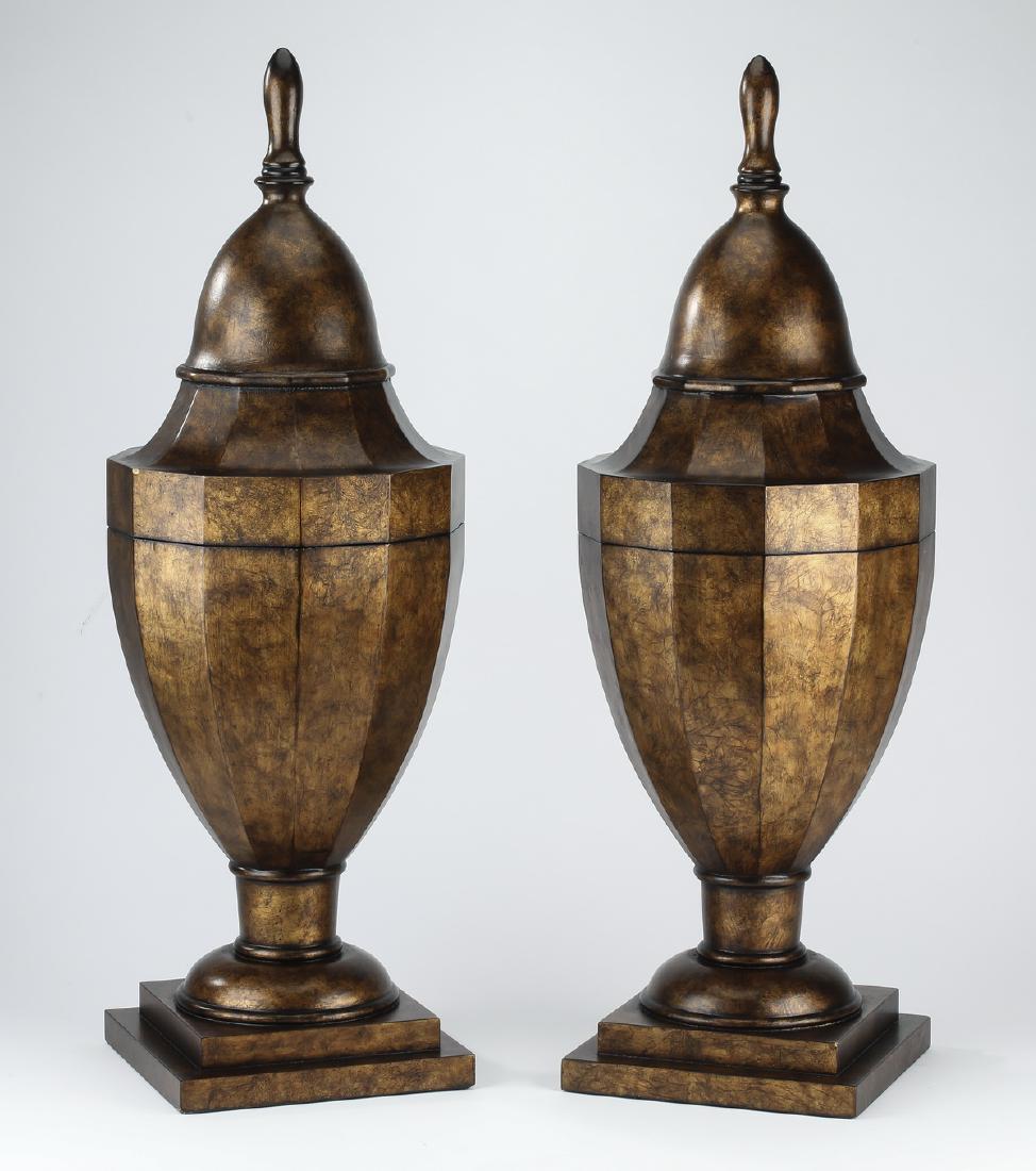 (2) Contemporary paint-decorated urns w/lids 30"h (1 of 2)