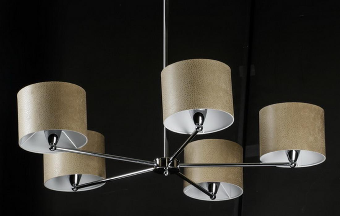 Contemporary chrome chandelier w/ beige print shades (1 of 2)