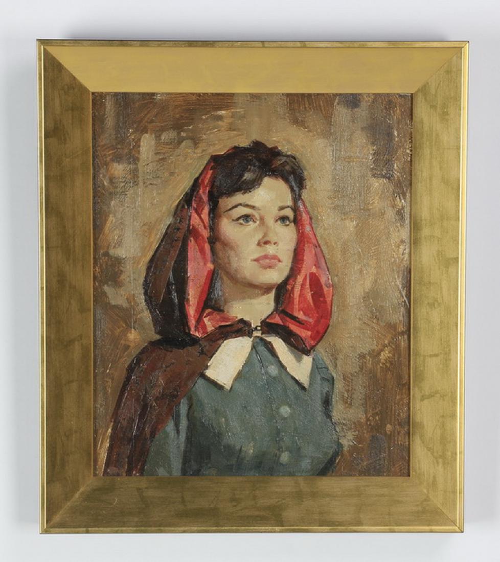 James A Meese O/artist board portrait, 15"h: James Alfred Meese (American 1917-1971), oil on artist board, mid-20th century, depicting a half length portrait of a young woman wearing a blue dress with a white color and a hooded cloak with a red 