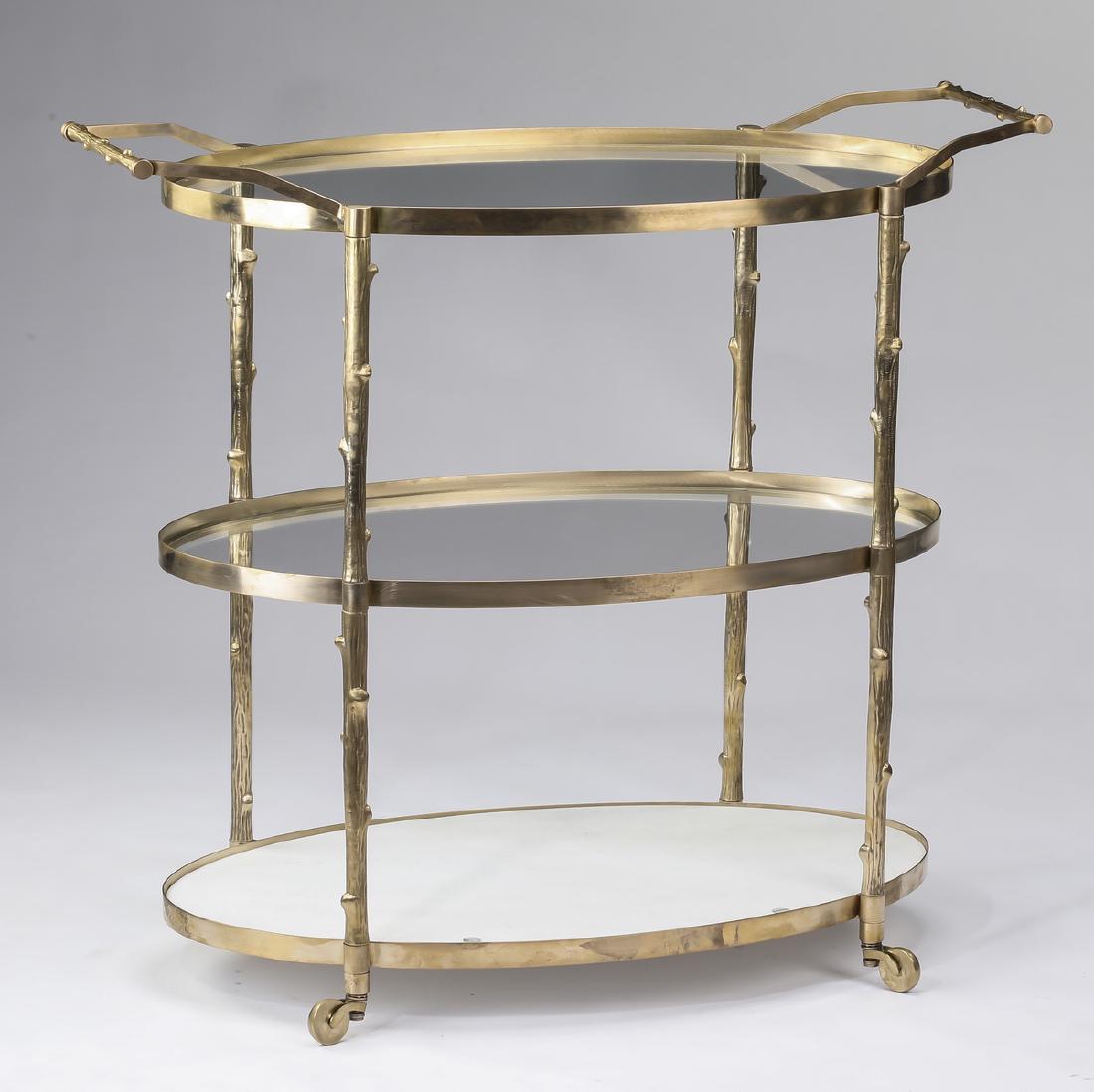 Three tier brass, glass, and marble bar cart, 42"w (1 of 3)