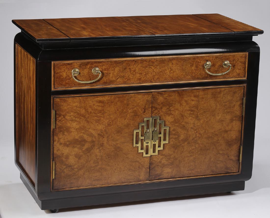 Century Furniture 'Chin Hua' server, 40"w: Century Furniture 'Chin Hua' server, executed in burl and ebonized wood, having a rectangular burl top with two interior hings that can open to a tiered ebonized top, above a drawer, surmounting cabin