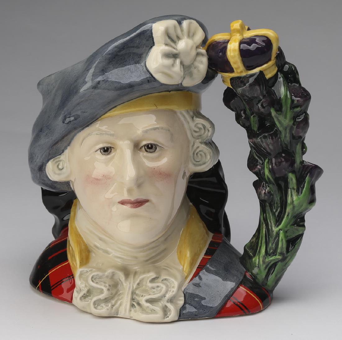 Royal Doulton Toby jug of Prince Charles Stuart, 7"h: Royal Doulton Porcelain Toby jug of Prince Charles Stuart, depicted wearing a Jacobite blue cap embellished with a white cockade and a red tartan suit, issuing from its side a crown topped thistle-for