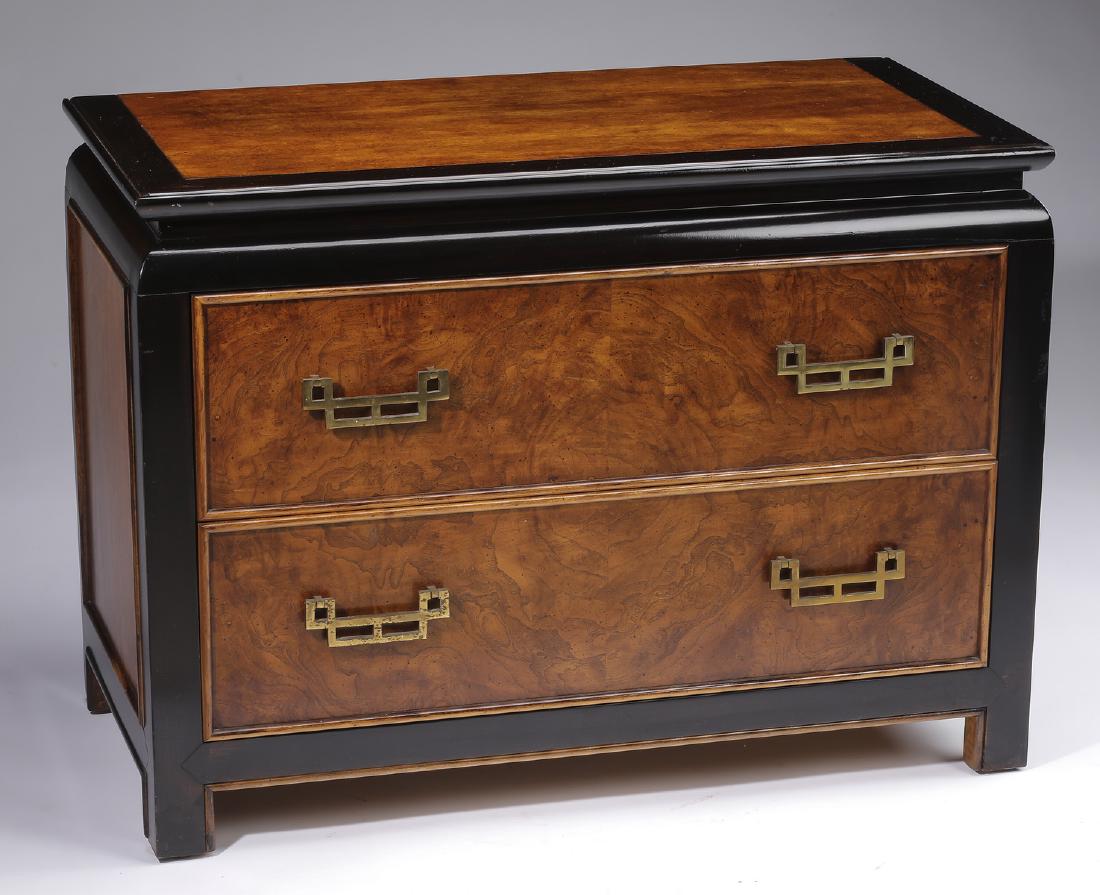 Century Furniture 'Chin Hua' side chest, 24"h: Century Furniture 'Chin Hua' side chest, executed in burl and ebonized woods, having a rectangular burl top with an ebonized border, above two burl drawers with bronze drawer pulls, the whole rising o