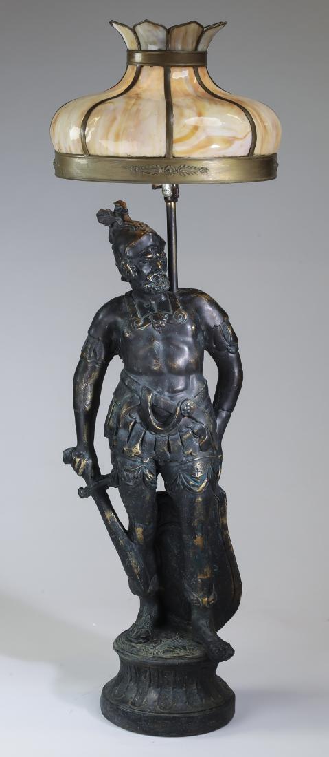 Patinated floor lamp of gladiator w/ slag glass shade (1 of 4)